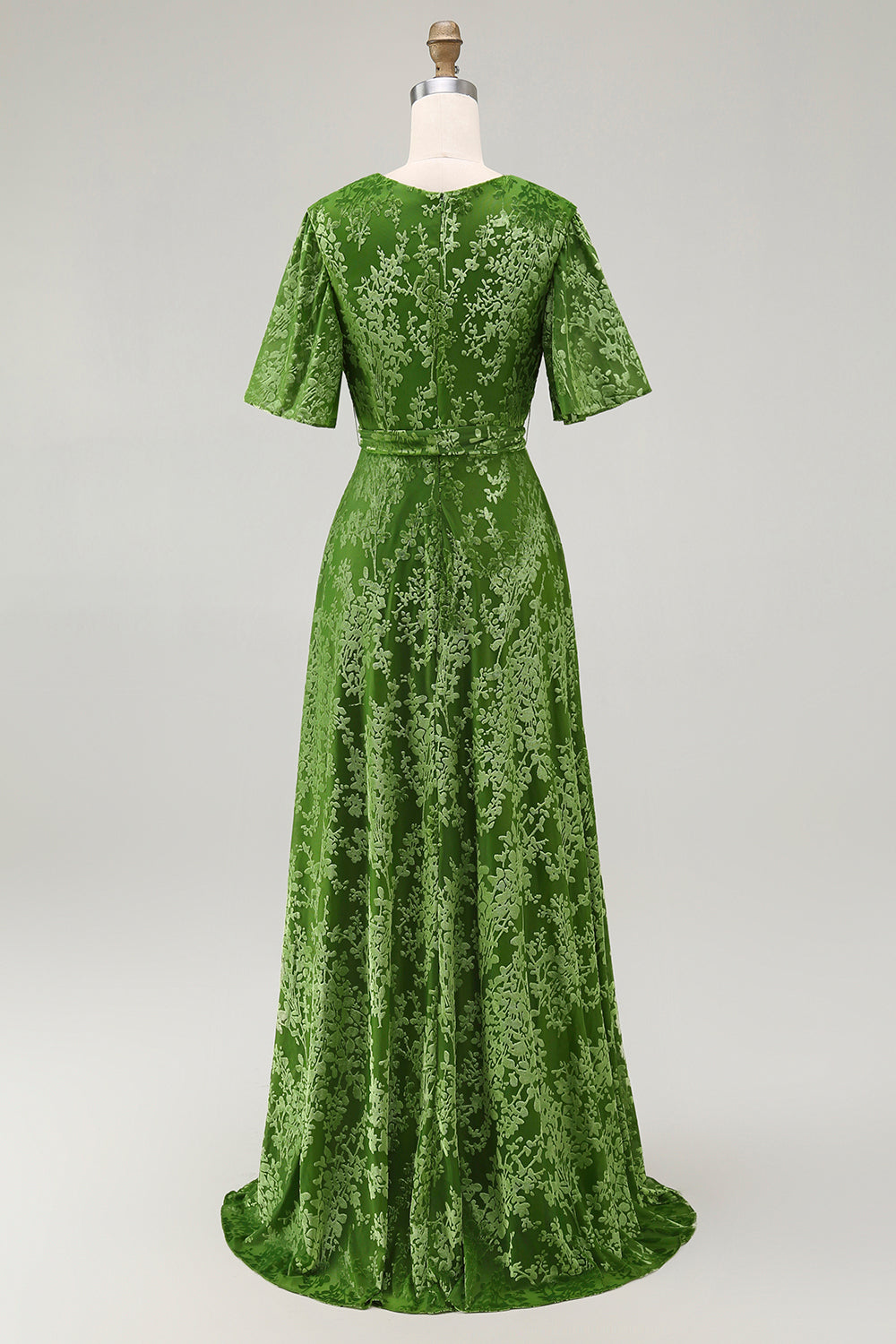 A-Line V Neck Dark Green Burnout Velvet Floor Length Dress with Short Sleeve