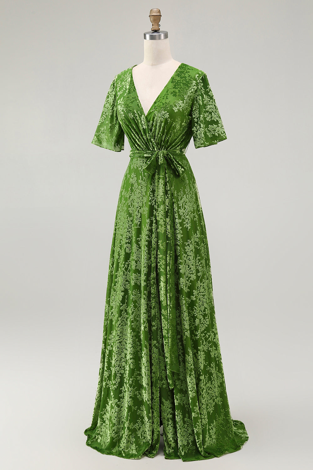 A-Line V Neck Dark Green Burnout Velvet Floor Length Dress with Short Sleeve