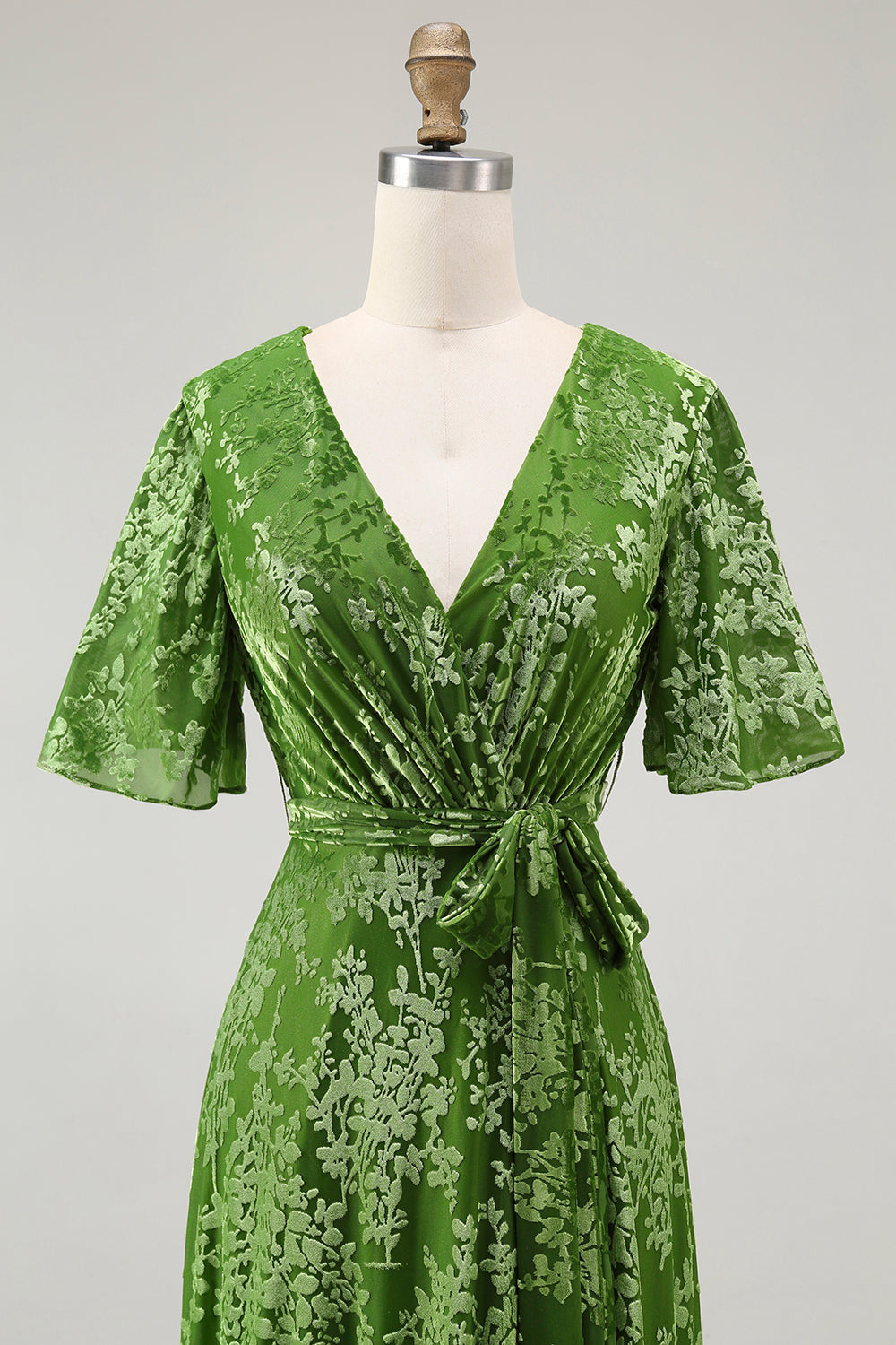 A-Line V Neck Dark Green Burnout Velvet Floor Length Dress with Short Sleeve