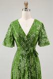 A-Line V Neck Dark Green Burnout Velvet Floor Length Dress with Short Sleeve