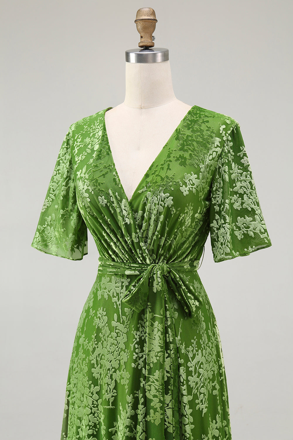 A-Line V Neck Dark Green Burnout Velvet Floor Length Dress with Short Sleeve