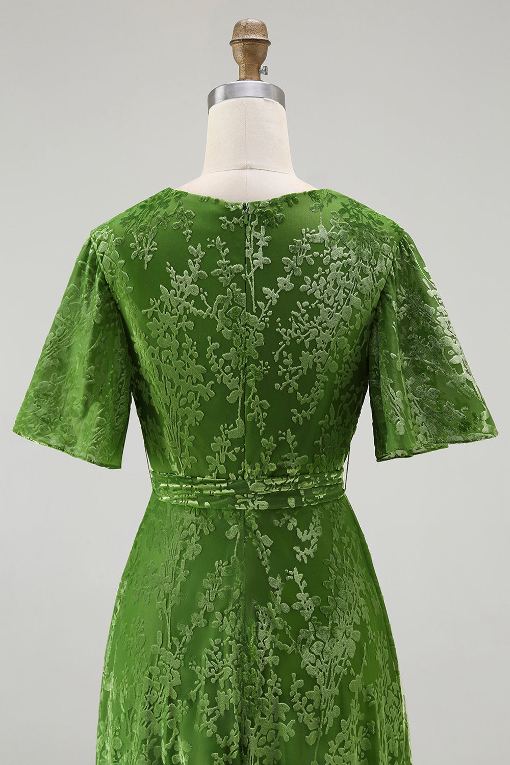 A-Line V Neck Dark Green Burnout Velvet Floor Length Dress with Short Sleeve