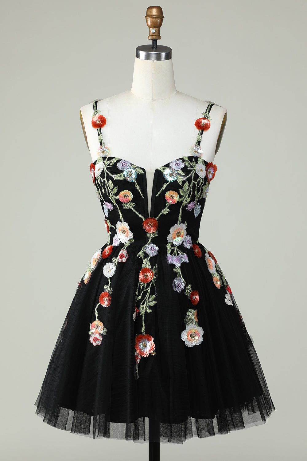 Spaghetti Straps A Line Sequin Flowers Little Black Dress