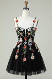 Spaghetti Straps A Line Sequin Flowers Little Black Dress