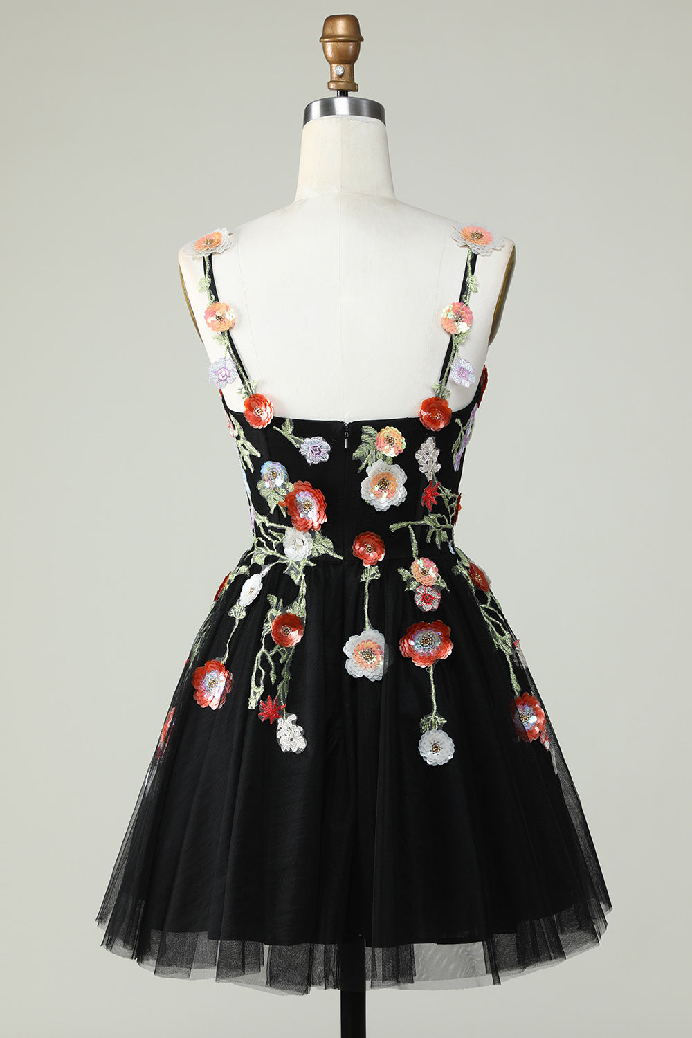 Spaghetti Straps A Line Sequin Flowers Little Black Dress