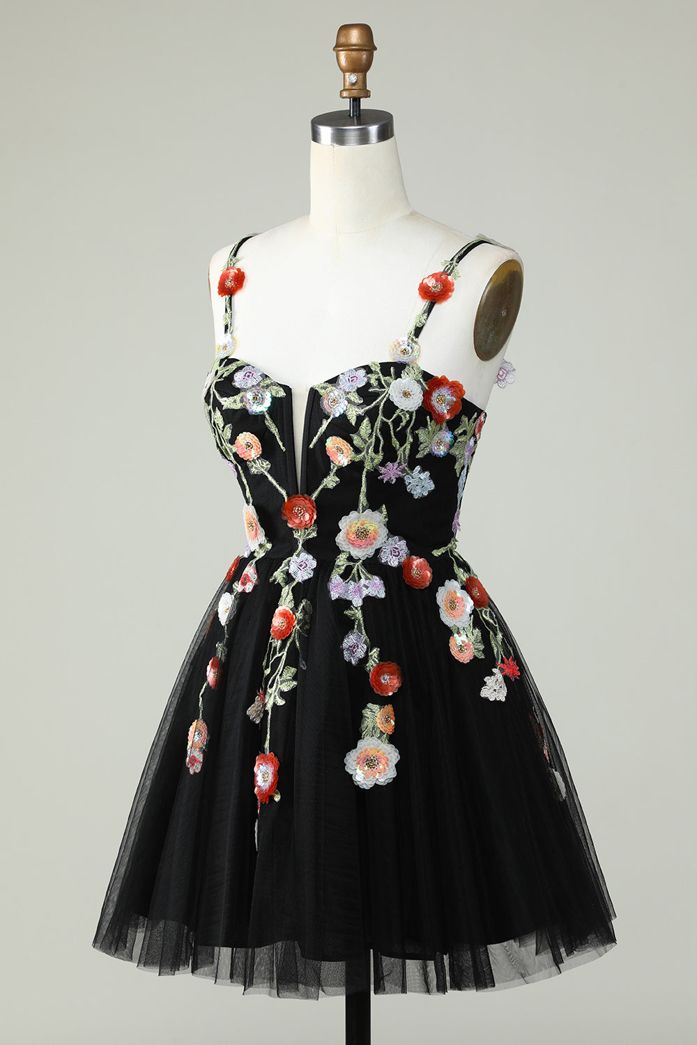 Spaghetti Straps A Line Sequin Flowers Little Black Dress