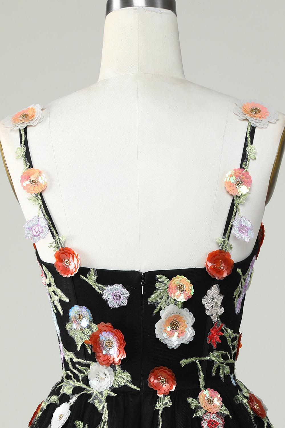Spaghetti Straps A Line Sequin Flowers Little Black Dress