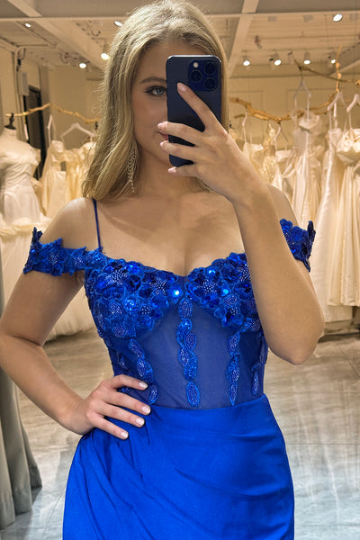 Sexy Royal Blue Off-the-shoulder Satin Split Front Mermaid Prom Dress