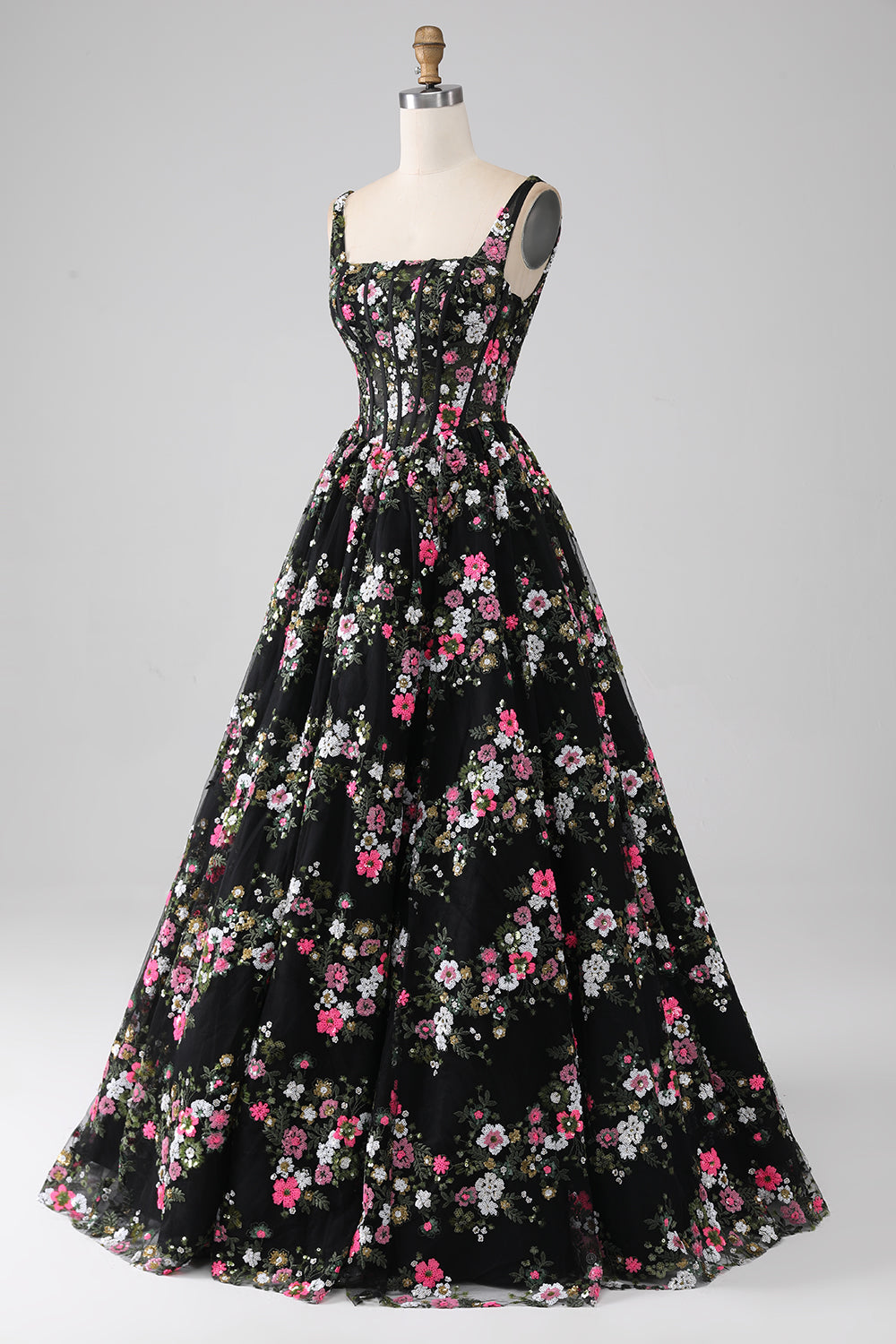 Charming A Line Square Neck Champagne Corset Prom Dress with Appliques