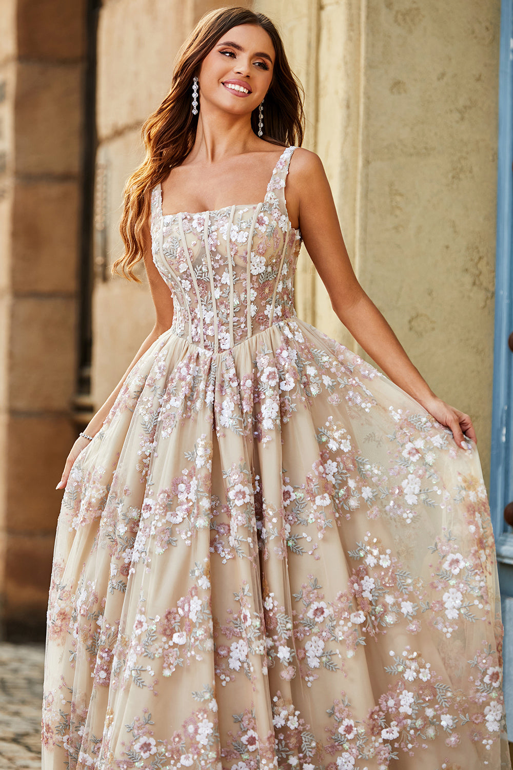 Charming A Line Square Neck Champagne Corset Prom Dress with Appliques
