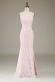 Sparkly Pink Spaghetti Straps Mermaid Long Prom Dress with Slit