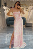 Sparkly Pink Spaghetti Straps Mermaid Long Prom Dress with Slit