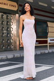 Sheath Spaghetti Straps Pink Sequin Long Evening Dress