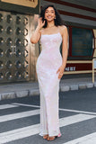 Sheath Spaghetti Straps Pink Sequin Long Evening Dress