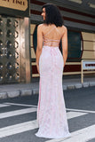 Sheath Spaghetti Straps Pink Sequin Long Evening Dress