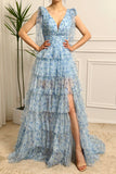 A Line Princess Blue Printed Tiered Long Prom Dress with Slit