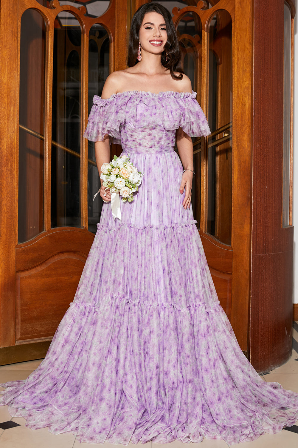 Gorgeous A Line Off the Shoulder Lilac Floral Long Prom Dress with Ruffles