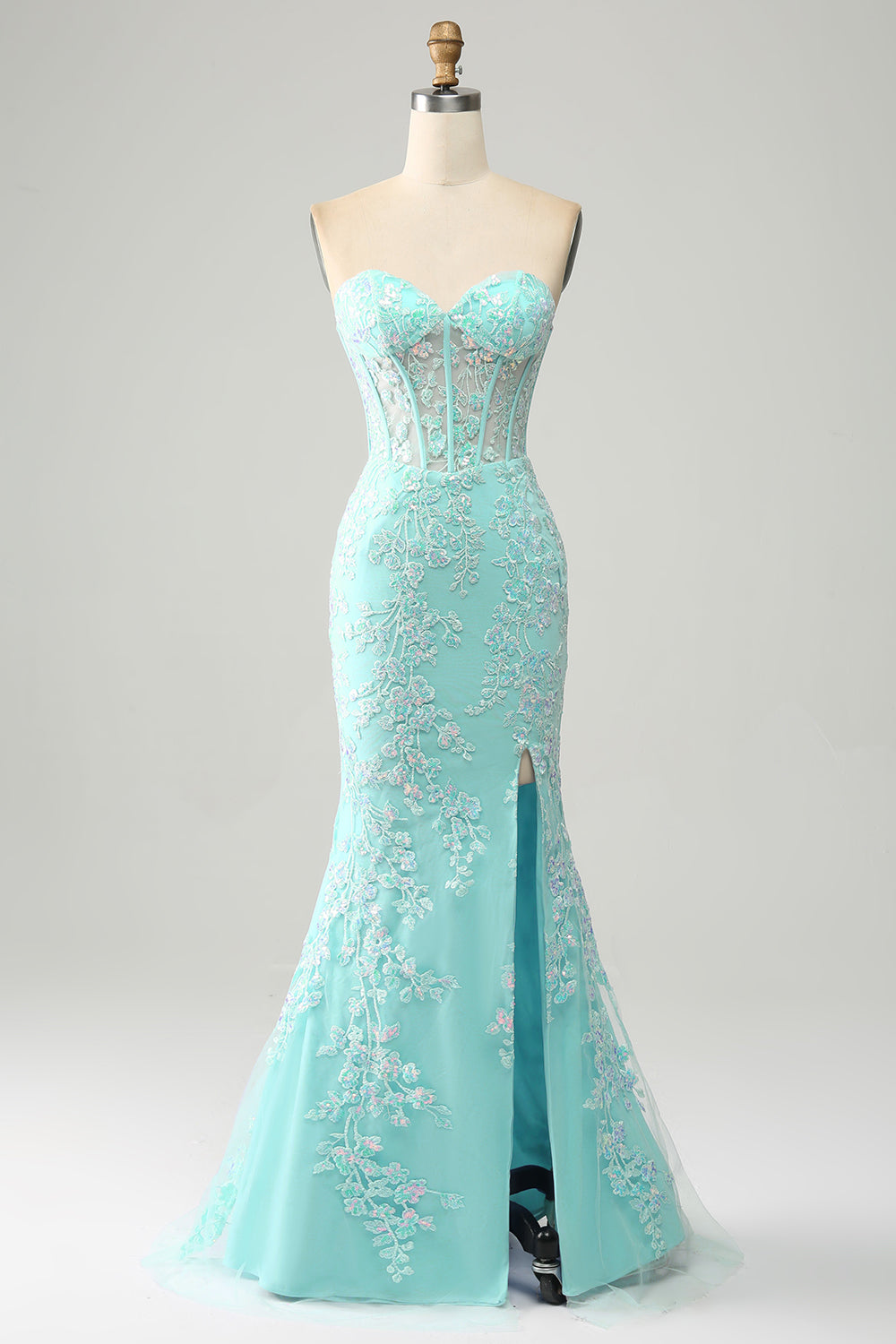 Stylish Mermaid Sweetheart Light Blue Corset Prom Dress with Appliques