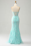 Stylish Mermaid Sweetheart Light Blue Corset Prom Dress with Appliques
