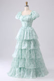 Green A Line Square Neck Tiered Prom Dress with Ruffles