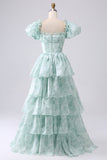 Green A Line Square Neck Tiered Prom Dress with Ruffles
