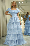Light Blue A Line Square Neck Corset Tiered Long Prom Dress