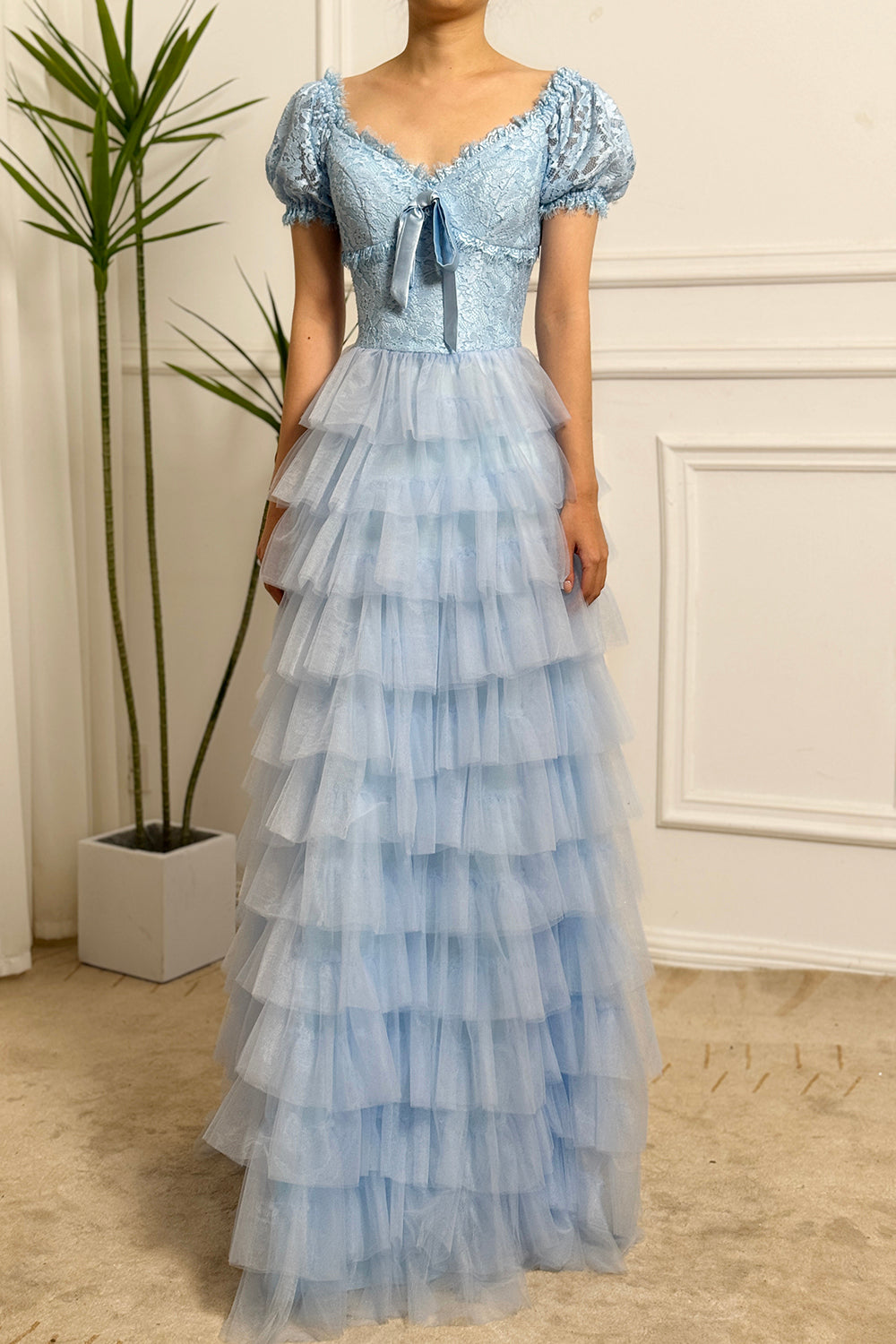 A Line Princess Long Tiered Blue Prom Dress with Lace