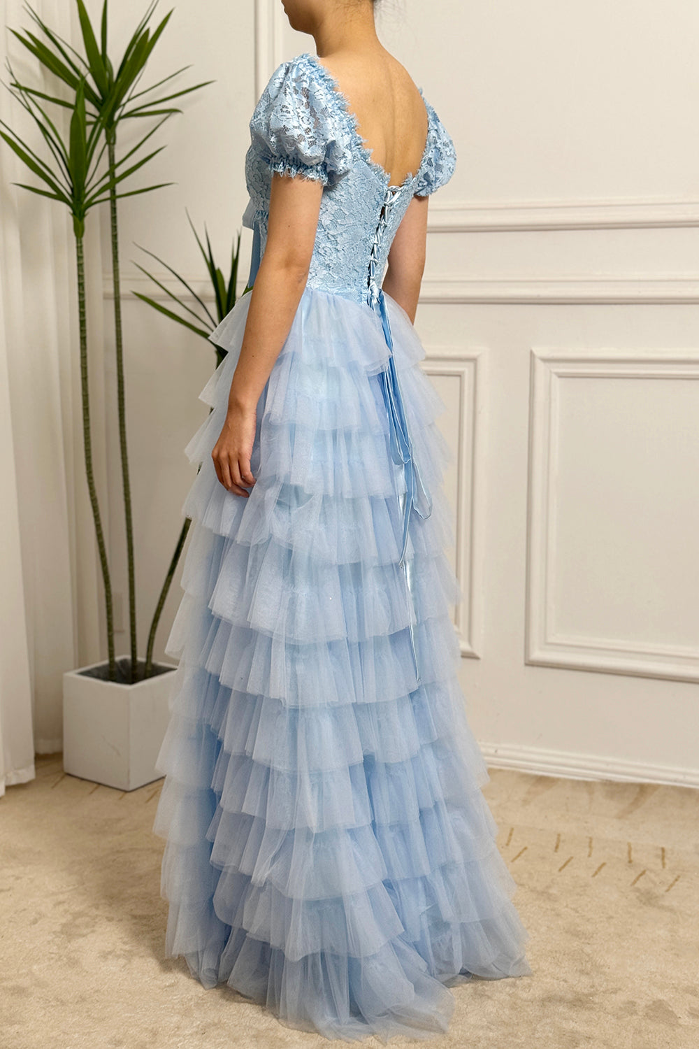 A Line Princess Long Tiered Blue Prom Dress with Lace
