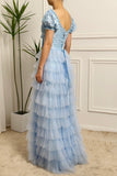 A Line Princess Long Tiered Blue Prom Dress with Lace