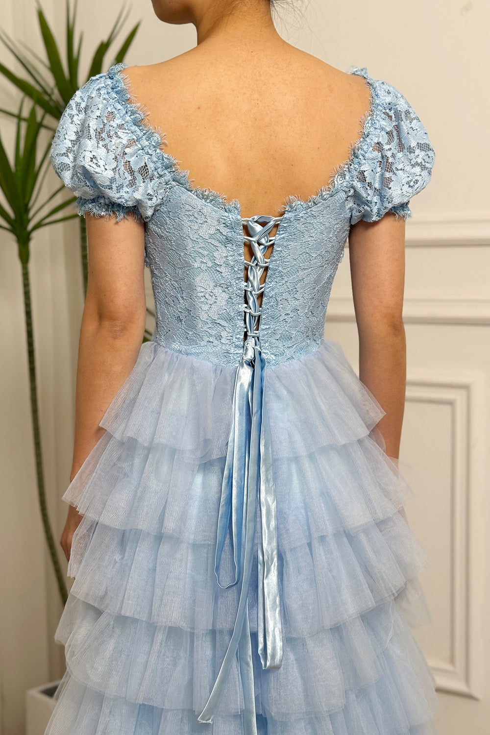 A Line Princess Long Tiered Blue Prom Dress with Lace