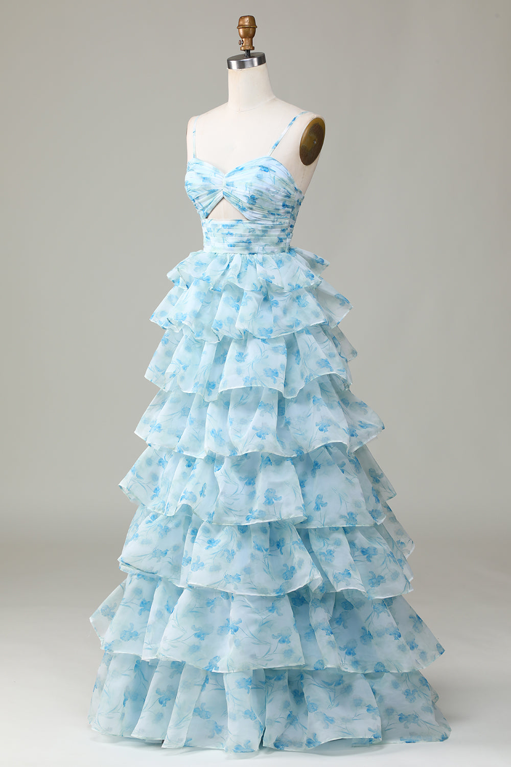 A Line Spaghetti Straps Cut Out Tiered Blue Printed Prom Dress