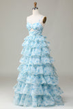A Line Spaghetti Straps Cut Out Tiered Blue Printed Prom Dress