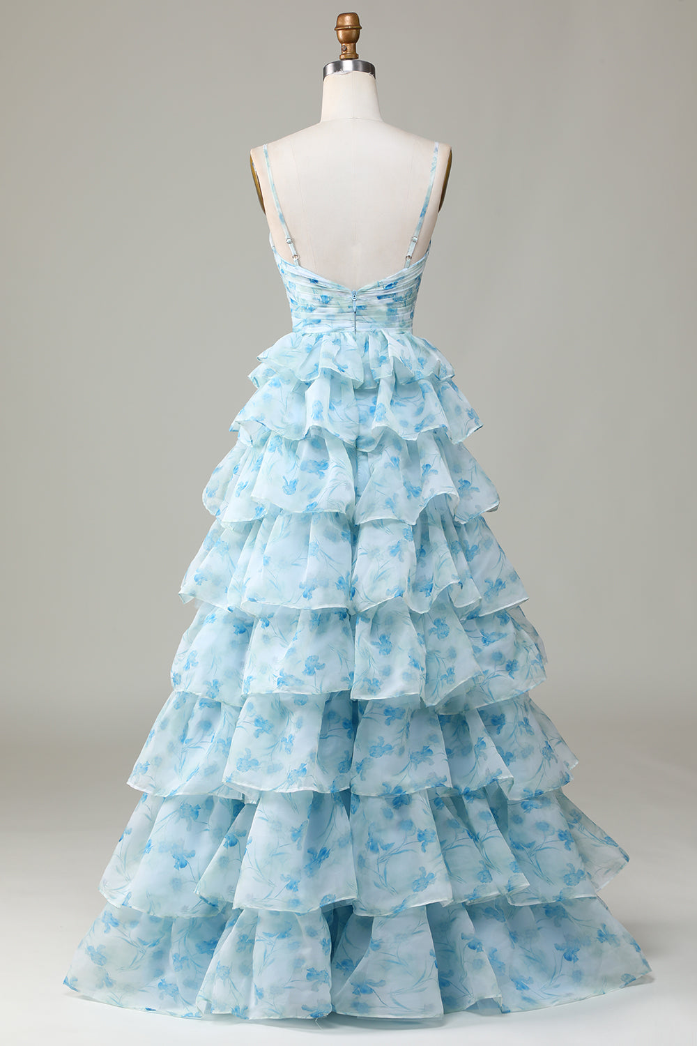 A Line Spaghetti Straps Cut Out Tiered Blue Printed Prom Dress