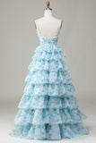 A Line Spaghetti Straps Cut Out Tiered Blue Printed Prom Dress