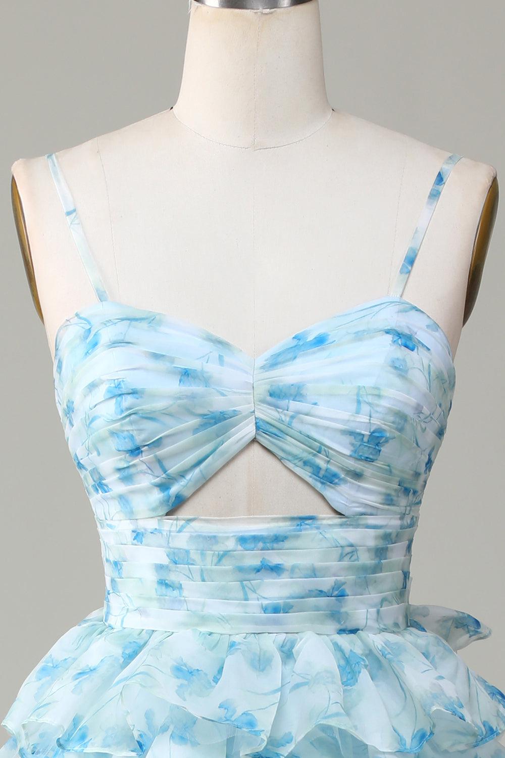 A Line Spaghetti Straps Cut Out Tiered Blue Printed Prom Dress