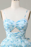 A Line Spaghetti Straps Cut Out Tiered Blue Printed Prom Dress