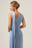 Dusty Blue Sheath One-Shoulder Satin Maxi Dress with Streamer