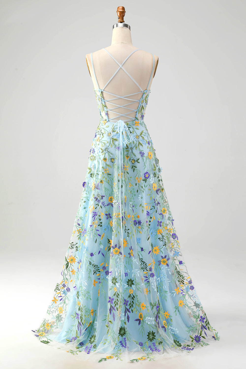 Blue Flower A Line Corset Embroidered Prom Dress with Slit