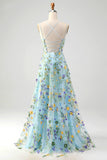Blue Flower A Line Corset Embroidered Prom Dress with Slit