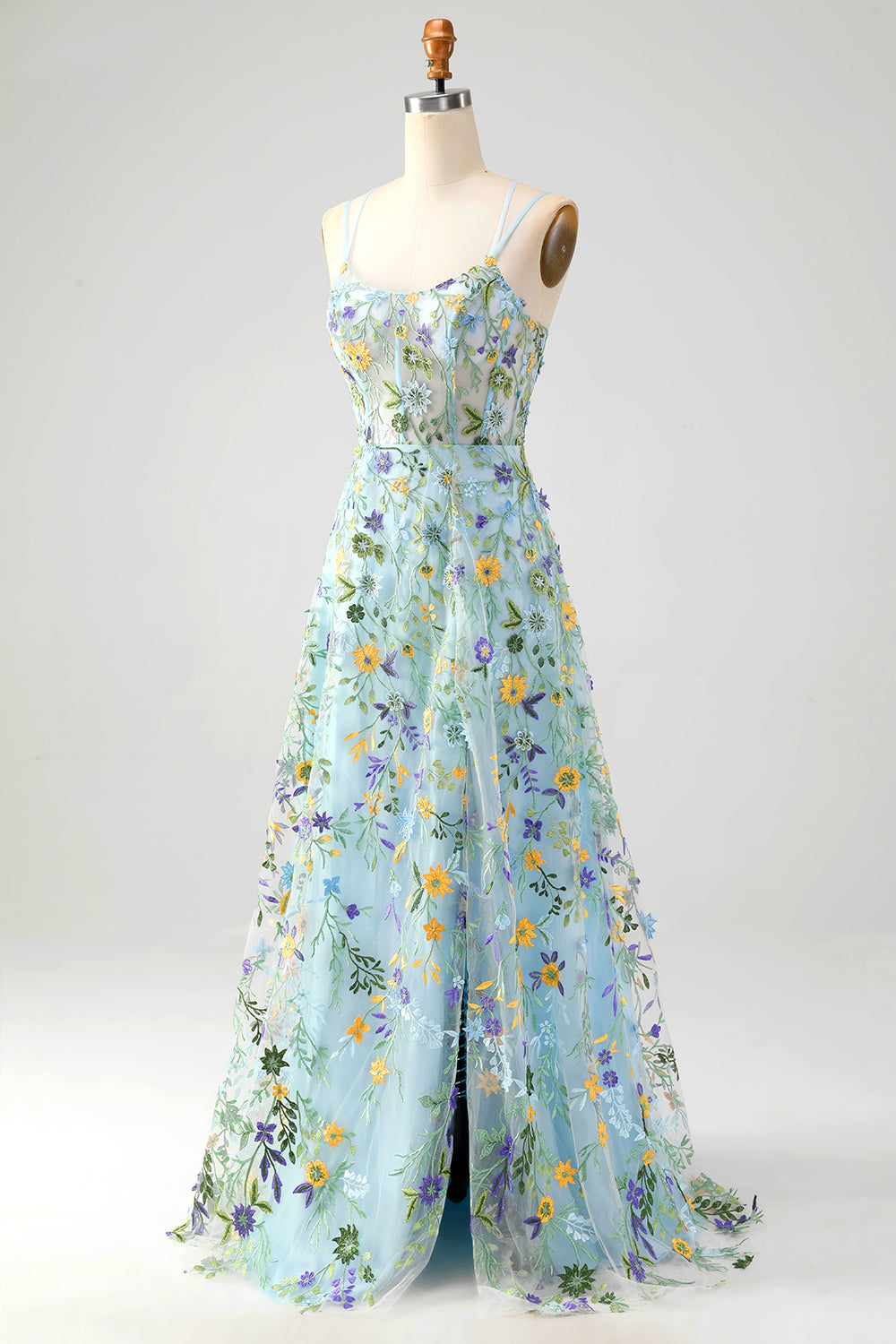 Blue Flower A Line Corset Embroidered Prom Dress with Slit