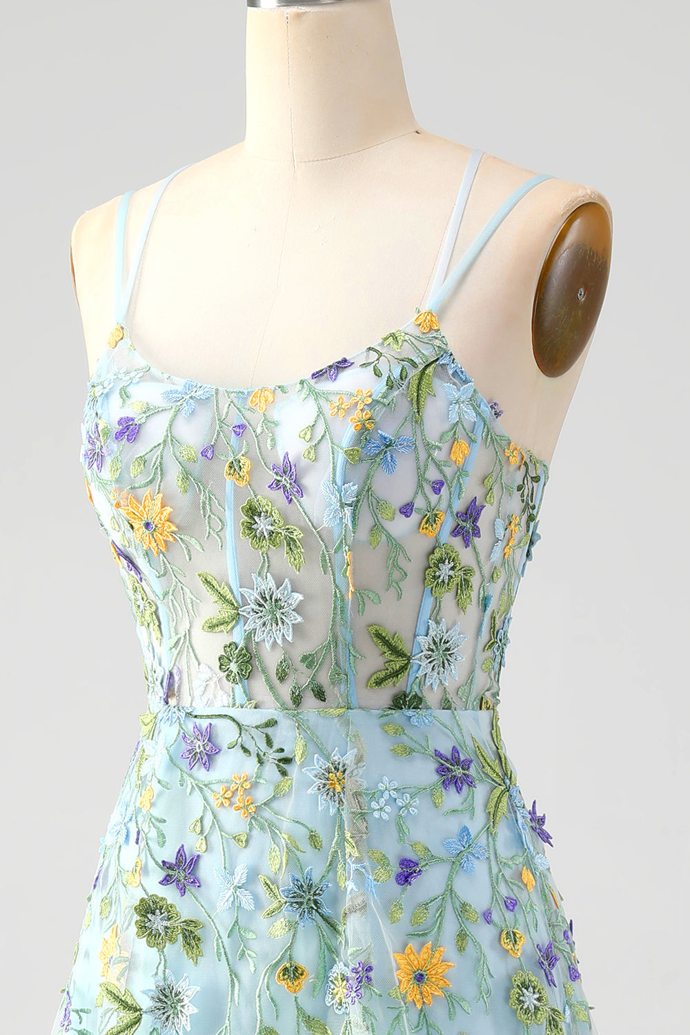 Blue Flower A Line Corset Embroidered Prom Dress with Slit