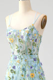 Blue Flower A Line Corset Embroidered Prom Dress with Slit