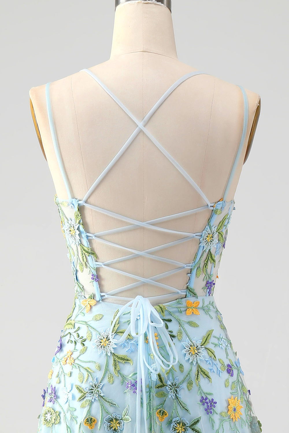 Blue Flower A Line Corset Embroidered Prom Dress with Slit