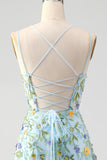 Blue Flower A Line Corset Embroidered Prom Dress with Slit