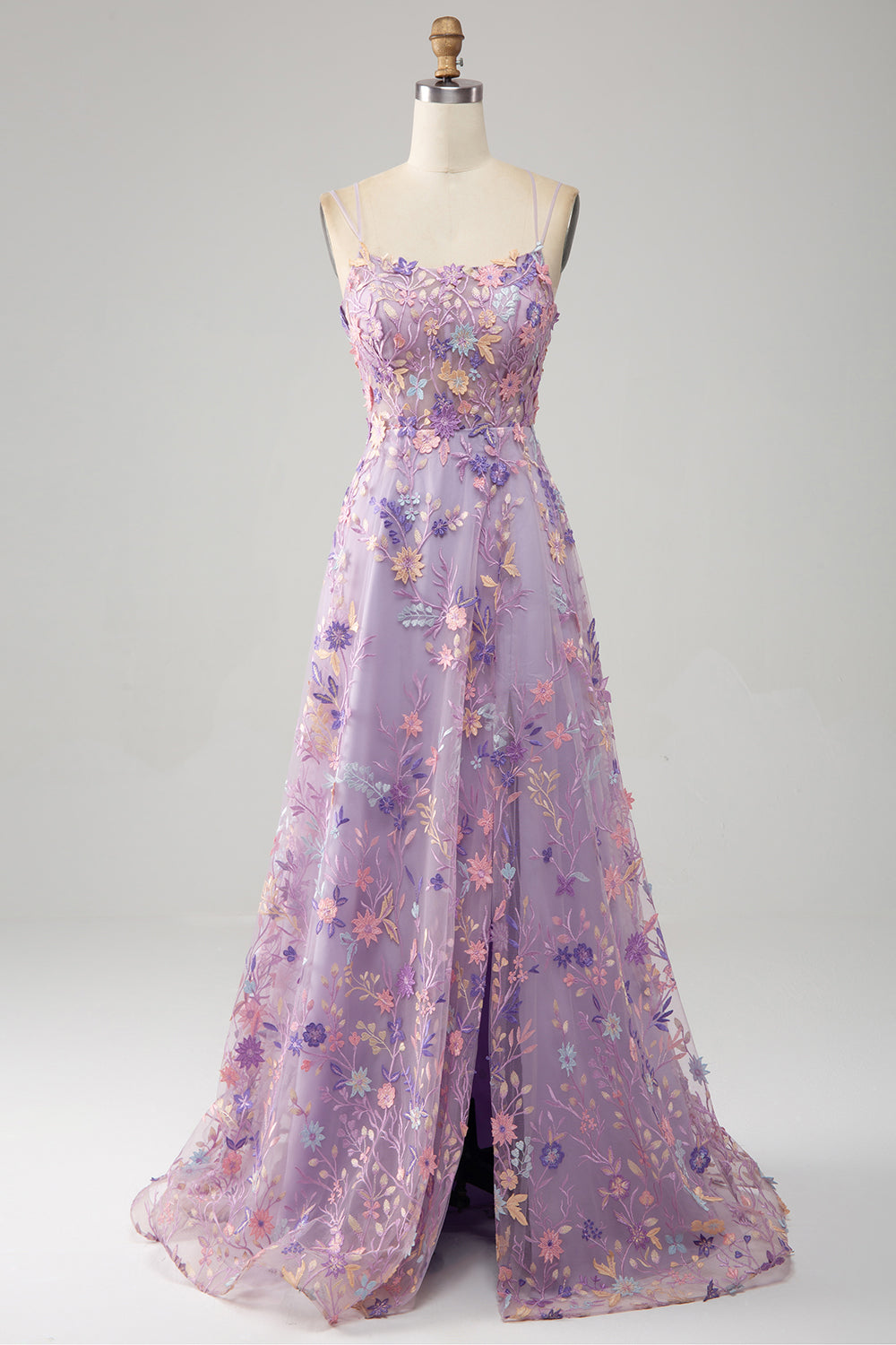 Mauve A-Line Spaghetti Straps Floral Long Prom Dress with Appliques