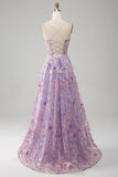 Mauve A-Line Spaghetti Straps Floral Long Prom Dress with Appliques