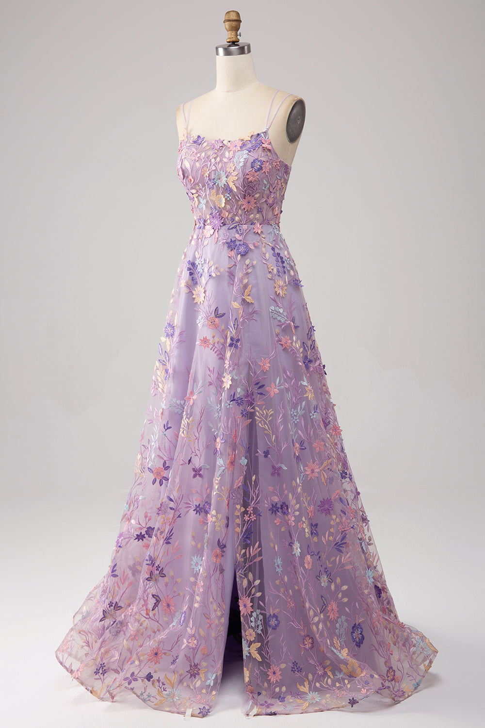 Mauve A-Line Spaghetti Straps Floral Long Prom Dress with Appliques