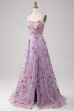 Mauve A-Line Spaghetti Straps Floral Long Prom Dress with Appliques