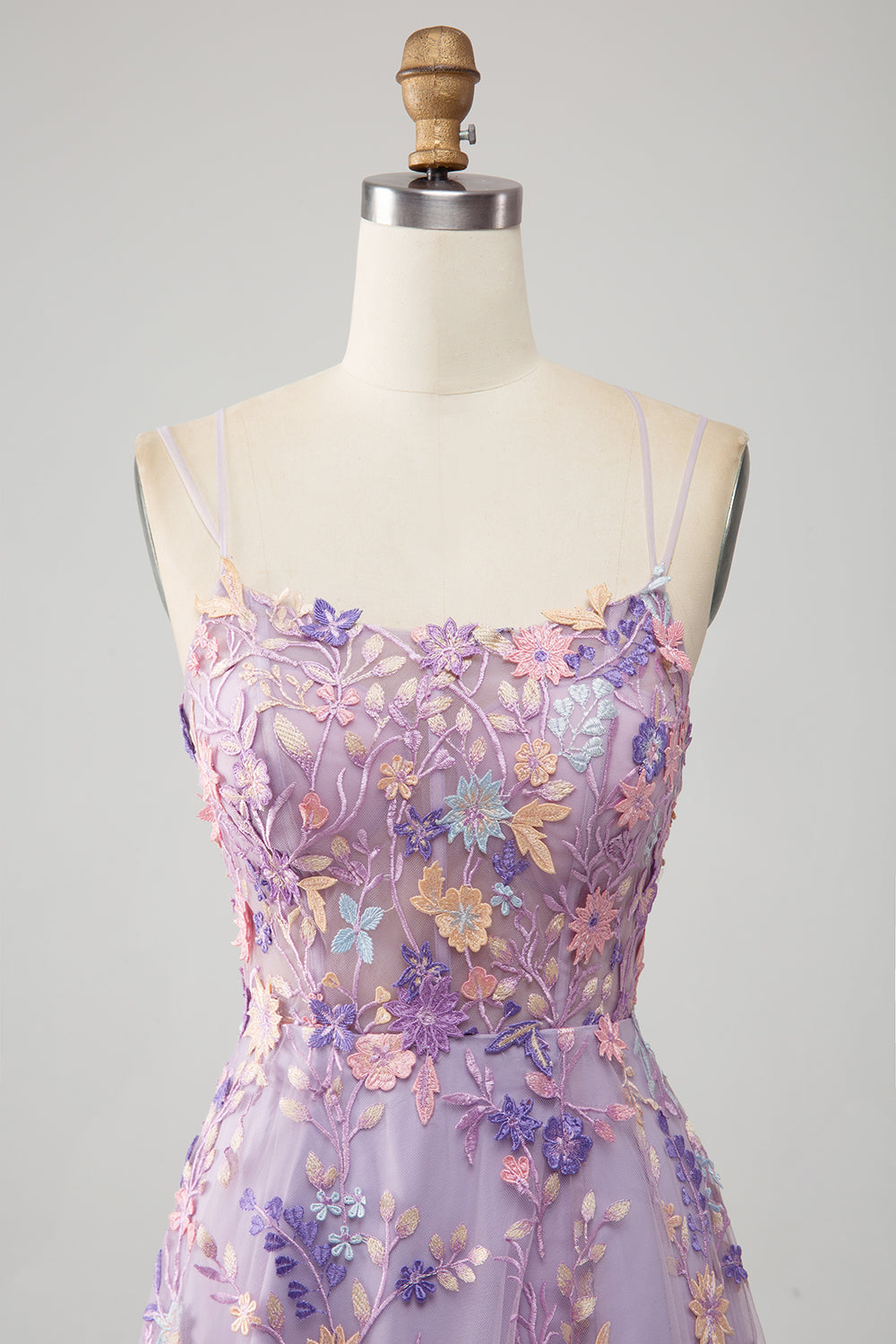 Mauve A-Line Spaghetti Straps Floral Long Prom Dress with Appliques