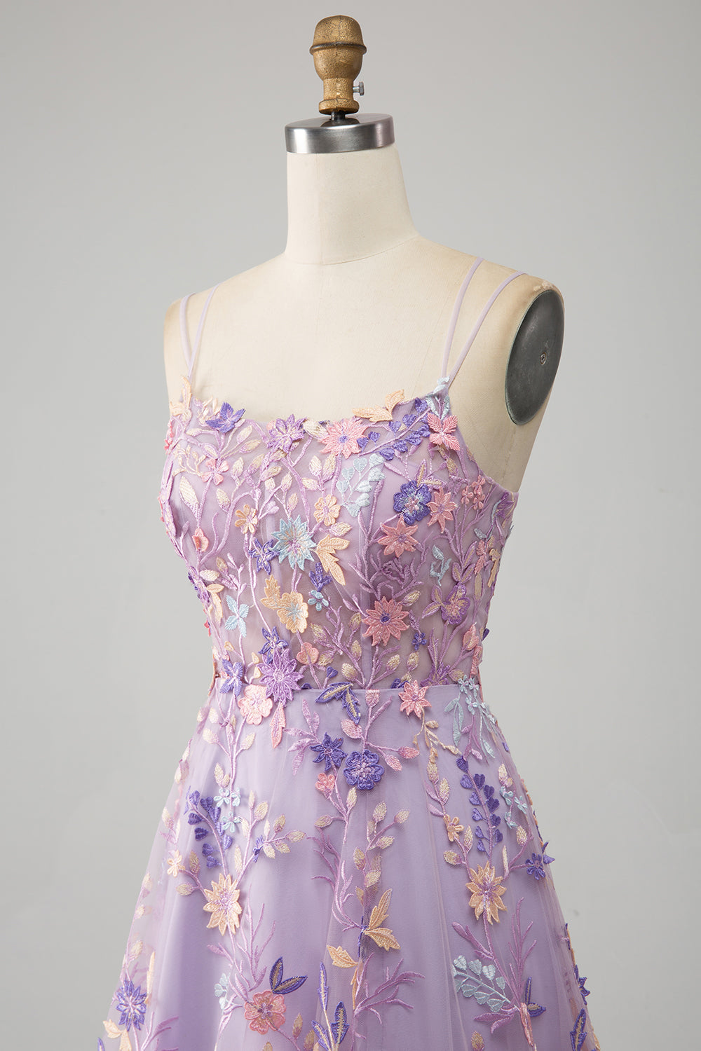 Mauve A-Line Spaghetti Straps Floral Long Prom Dress with Appliques